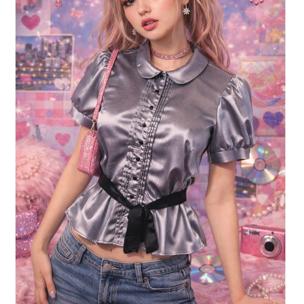 Vintage Y2K Futuristic Metallic Silver Gray Blouse Cyber Fairy Grunge Glam Small